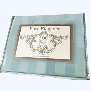 Luxury Blue Damask Satin Stripe Queen Sheet Set 100% Cotton Sateen 4 Pc 500 TC